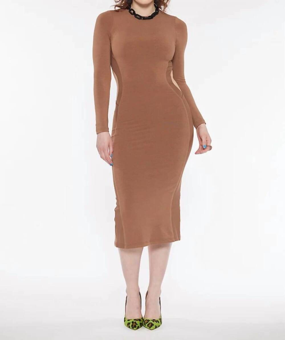 NEW CIRCULAR PATH long sleeve side action maxi dress in pecan